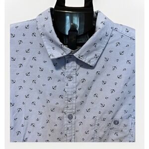 Free Planet Mens XL Short Sleeve Button Up Anchors Nautical Marine Cotton Blend